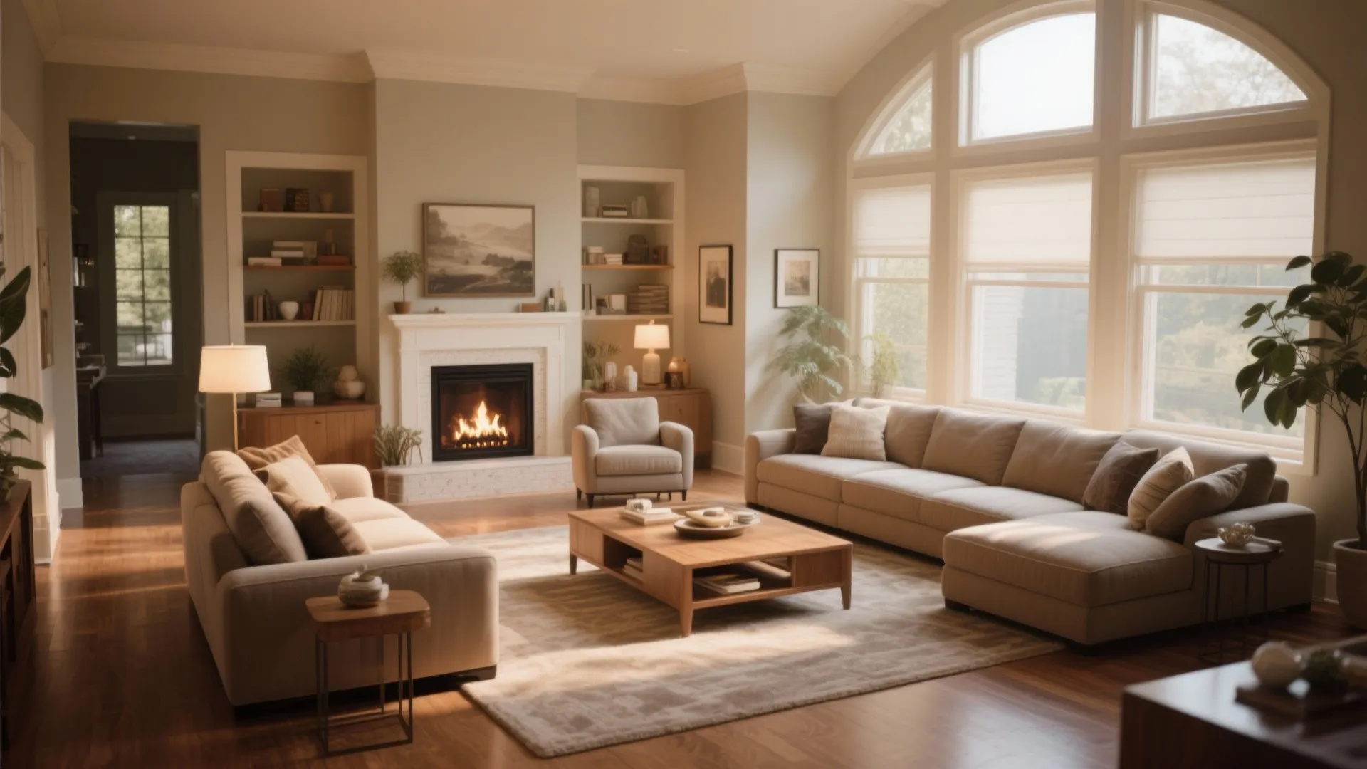 Warm living room with beige sofas wooden coffee table fireplace white built in shelves and windows