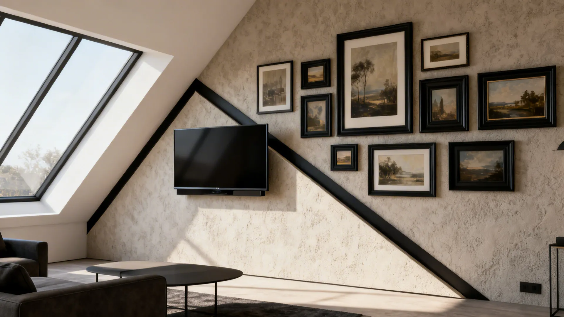 TV mounted on a diagonal wall framed with gallery art, blending tech with decor.