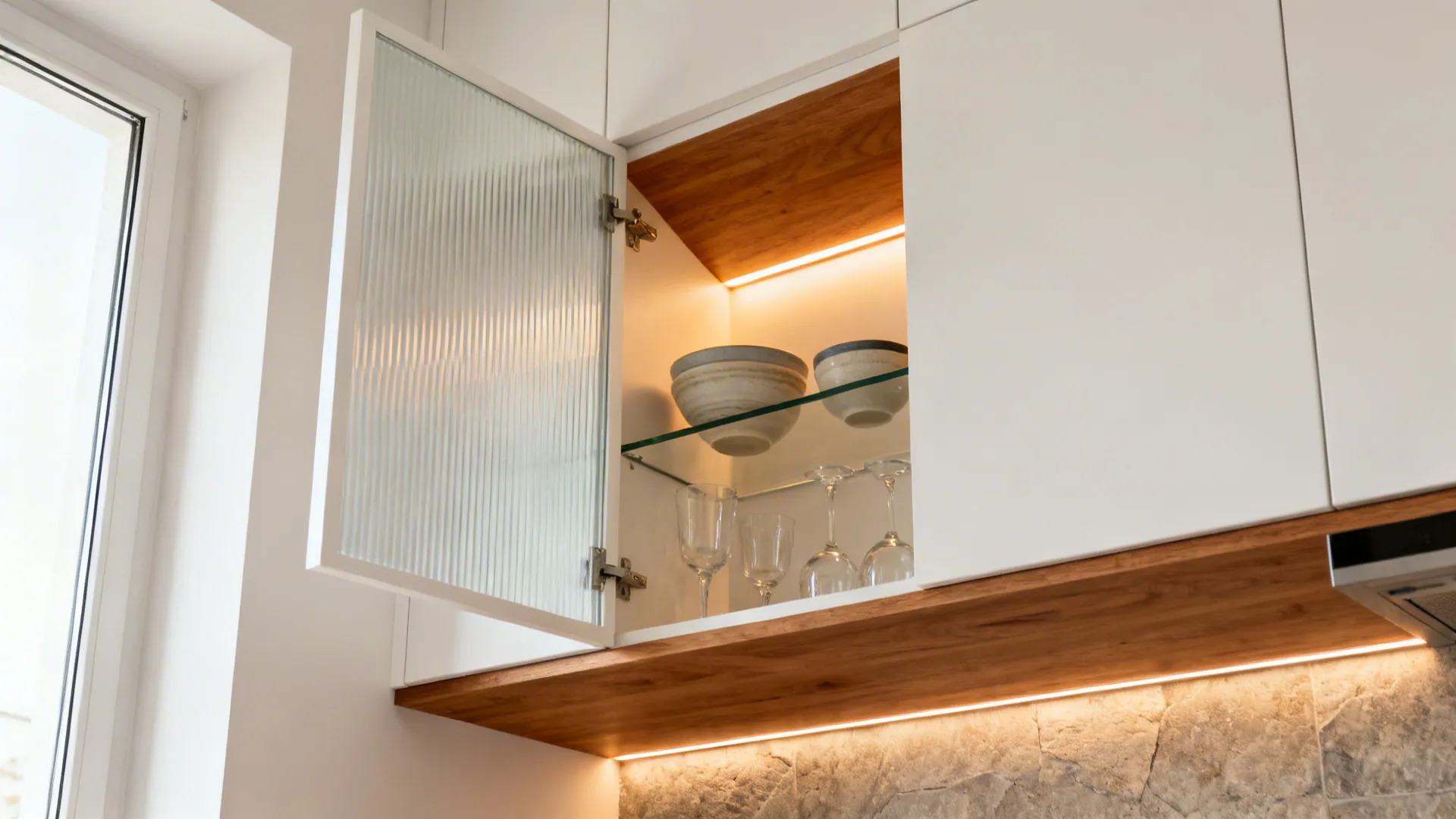 Diagonal corner wall cabinet with reeded glass and soft LED lighting in a small kitchen.