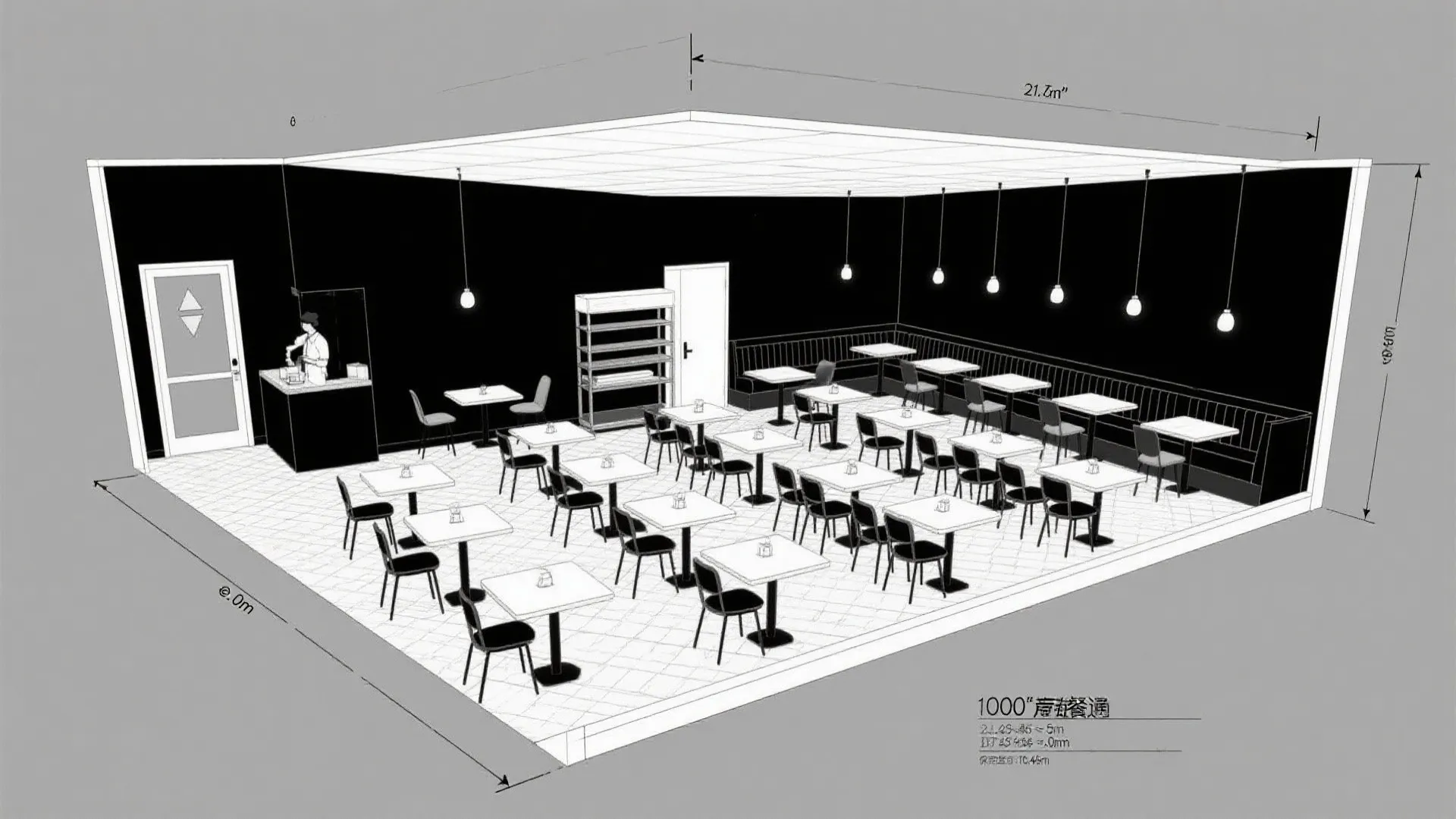 Top-down CAD plan with 45-degree diagonal seating grid for throughput