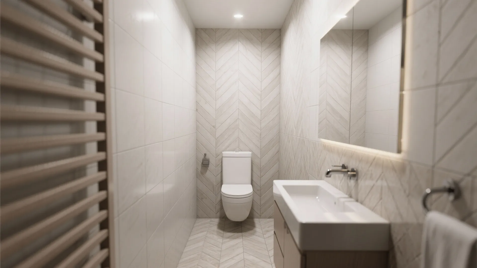 Small bathroom featuring light beige herringbone wall tiles, white toilet, and sink under a mirror