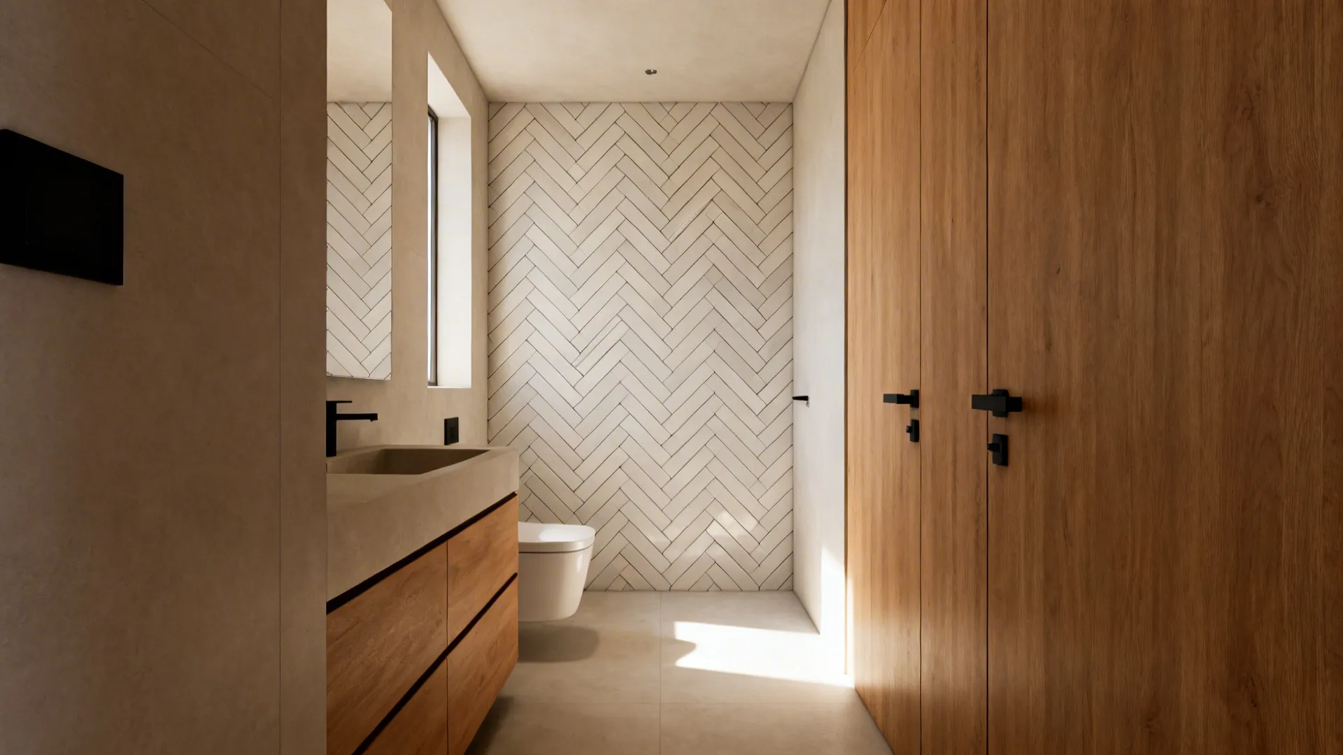 Narrow bathroom with diagonal herringbone tile feature wall that widens the space