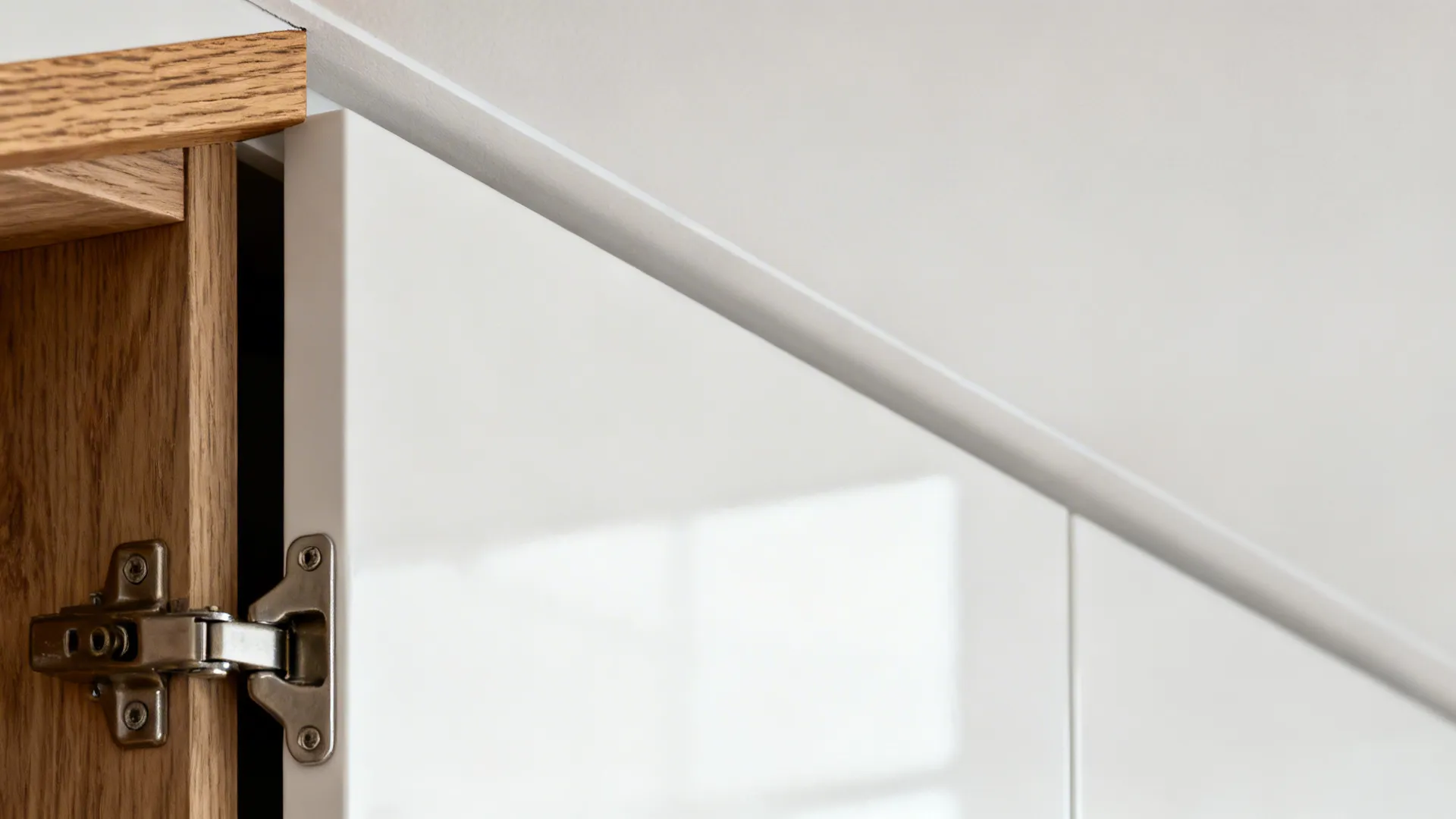 Macro view of diagonal corner cabinet hinge and precise door reveals under a level ceiling.