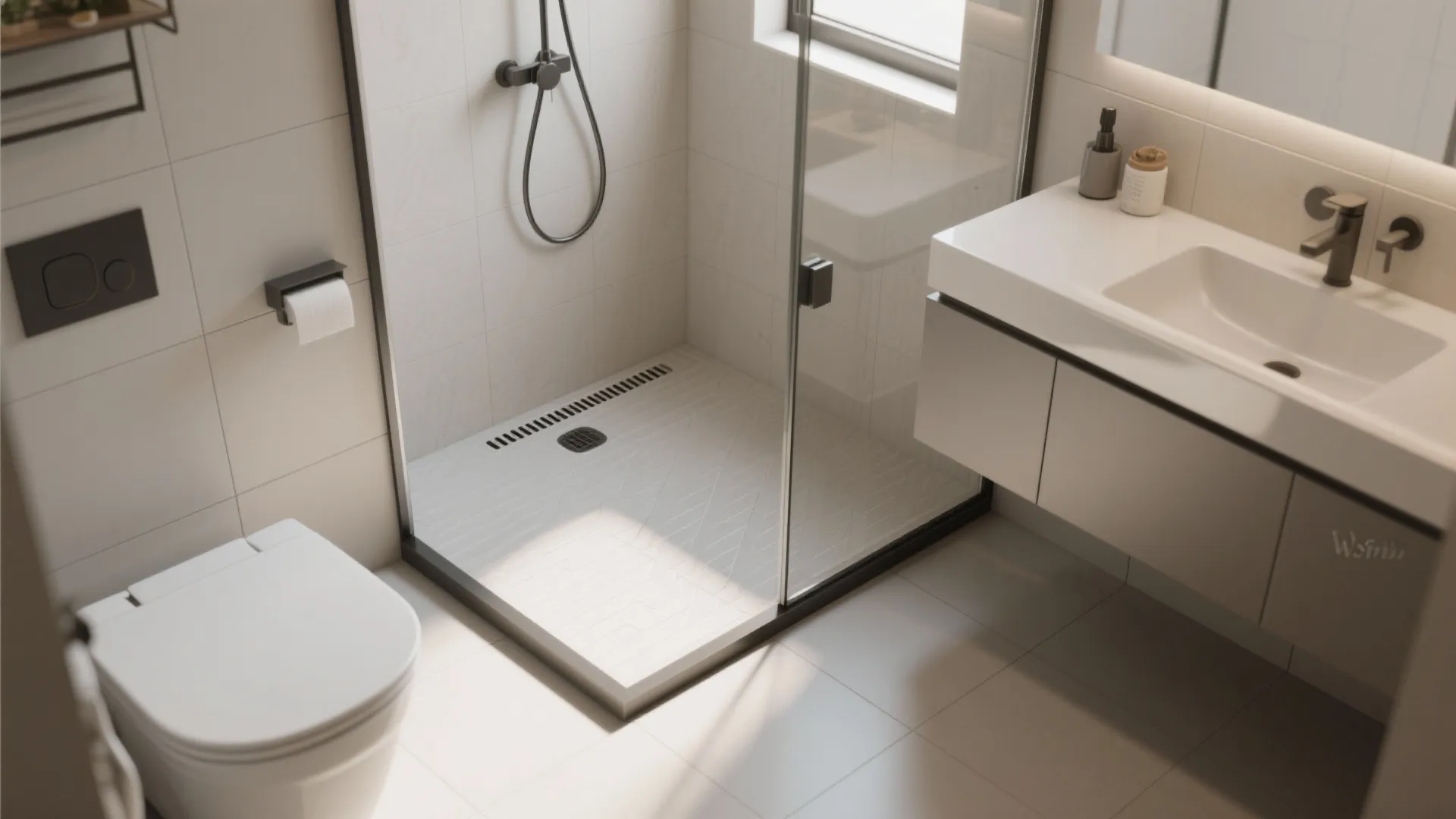 Modern bathroom interior with glass shower door white toilet sink cabinet and dark metal fixtures