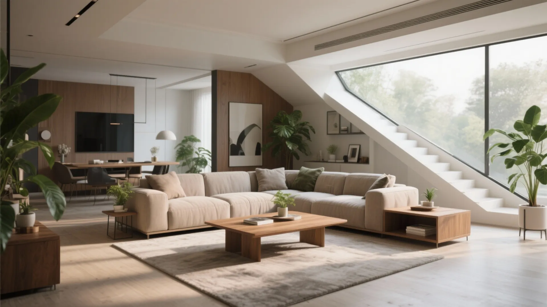 Spacious living room featuring beige corner sofa wooden coffee table white stairs and large wall window