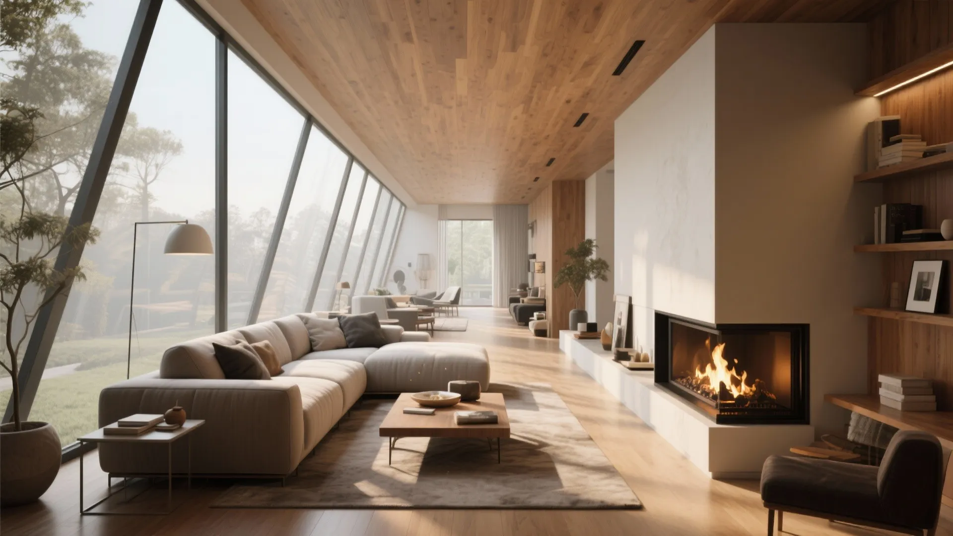 Modern living area with wooden ceiling large slanted windows white sofa coffee table and fireplace