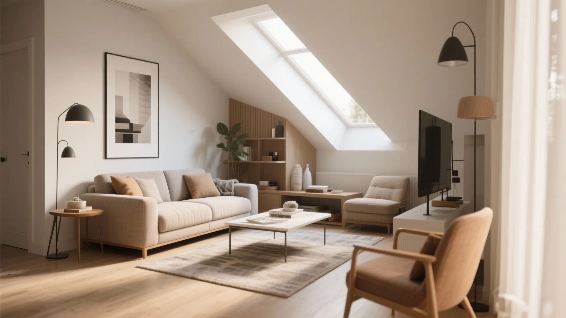 Attic living room interior with roof window beige sofa coffee table television and a wall light