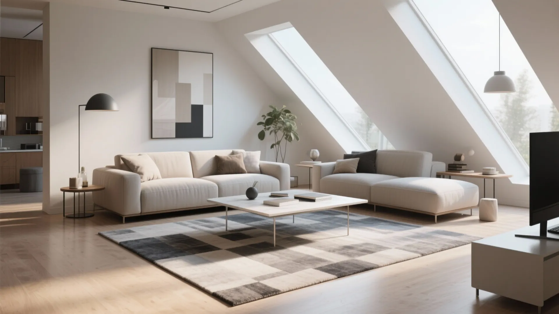 Diagonal furniture arrangement adding space and energy