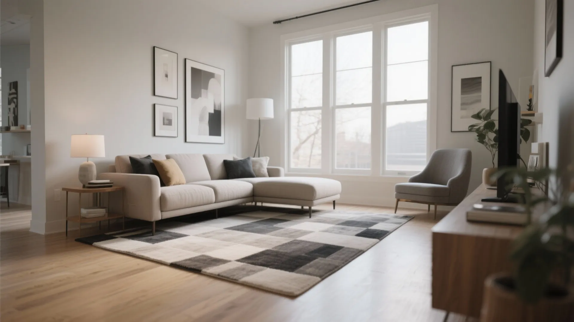 Bright living room with corner sofa checkered rug grey armchair large windows and wooden floor design
