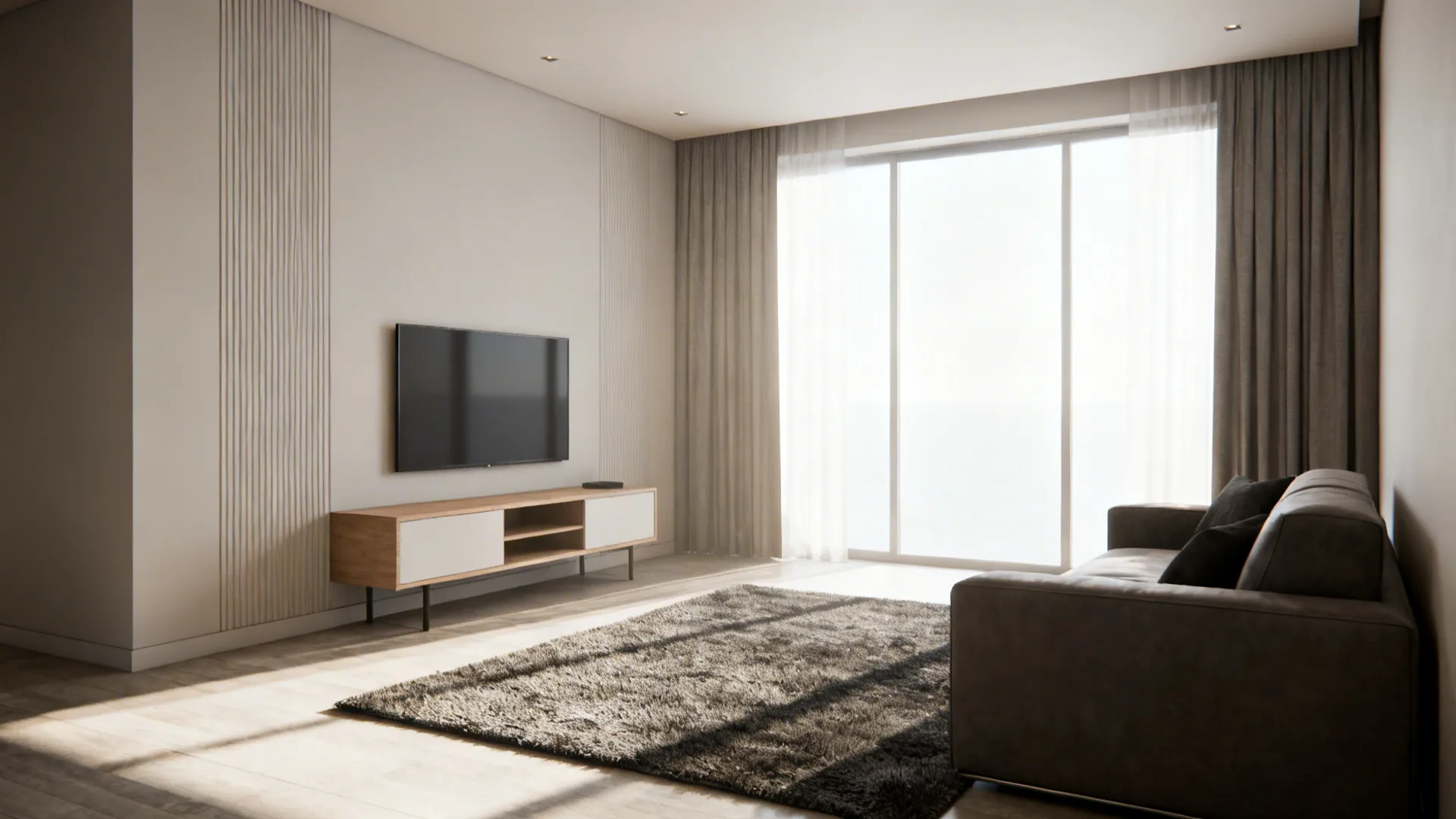 Living room with sofa and rug placed on the diagonal to make the square room feel larger