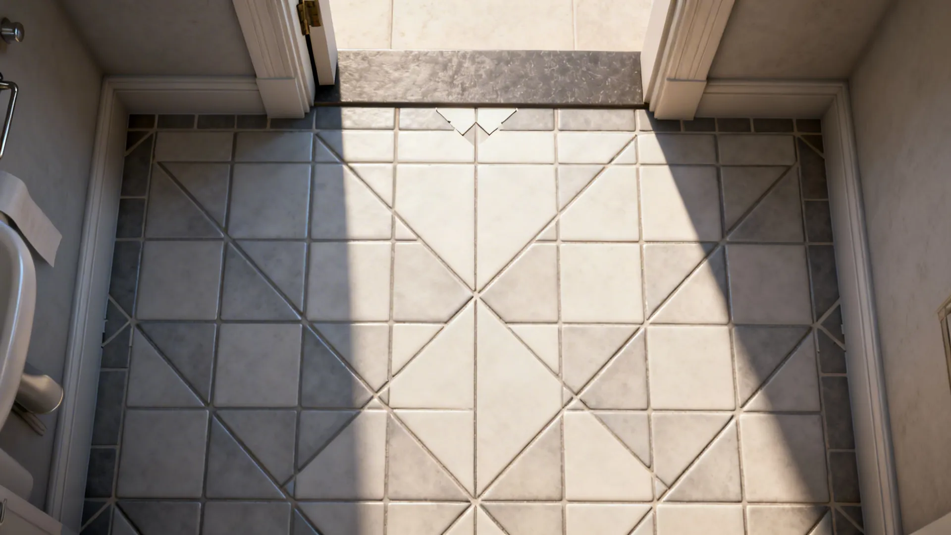 Top-down view of bathroom floor with square tiles laid diagonally to visually widen the room