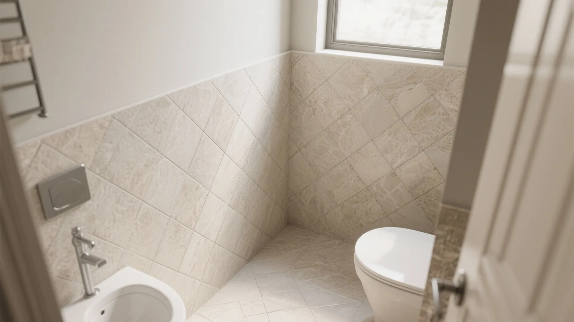 Bathroom corner showing cream wall tiles in diagonal pattern near white toilet and small metal sink