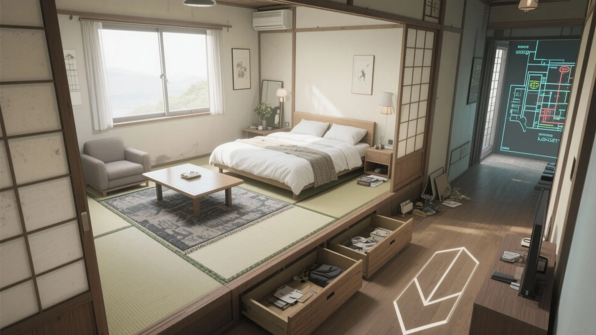 5. ベッドとテーブルの“対角配置”で京都サイズでも余裕を作る