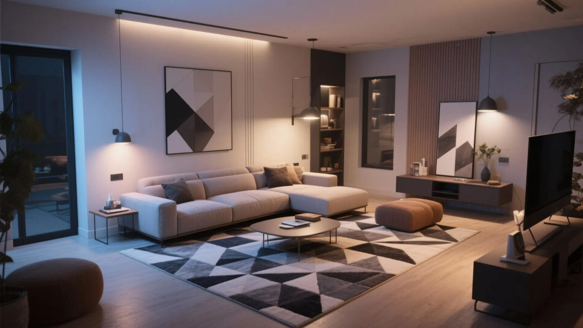 Modern living room with corner sofa patterned rug wooden floor and wall light at night