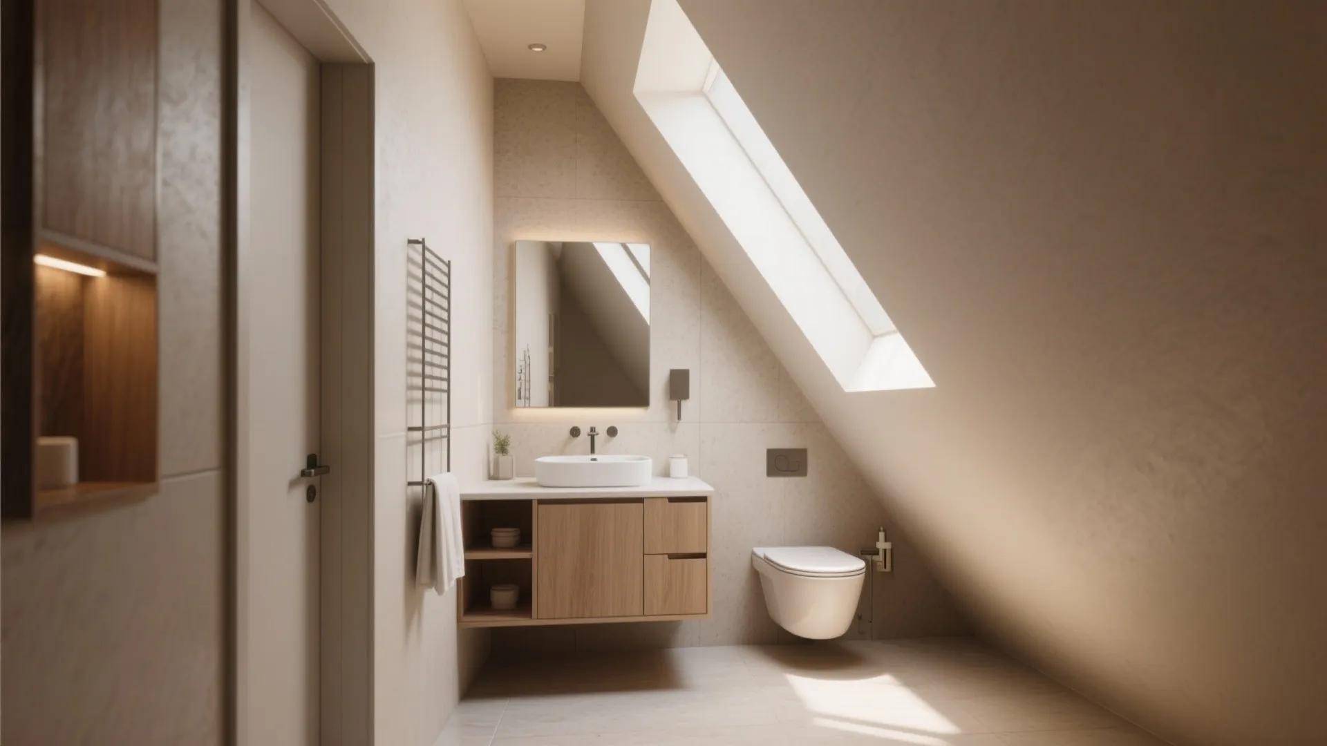 Modern attic bathroom featuring a wooden vanity white sink toilet mirror and large sloped roof window