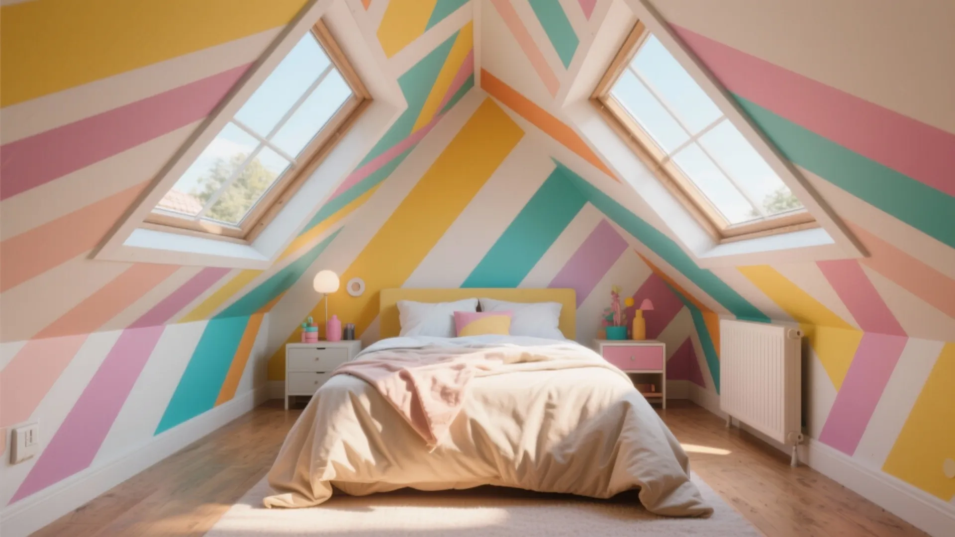 Attic bedroom with colorful diagonal wall stripes two roof windows and a simple yellow bed