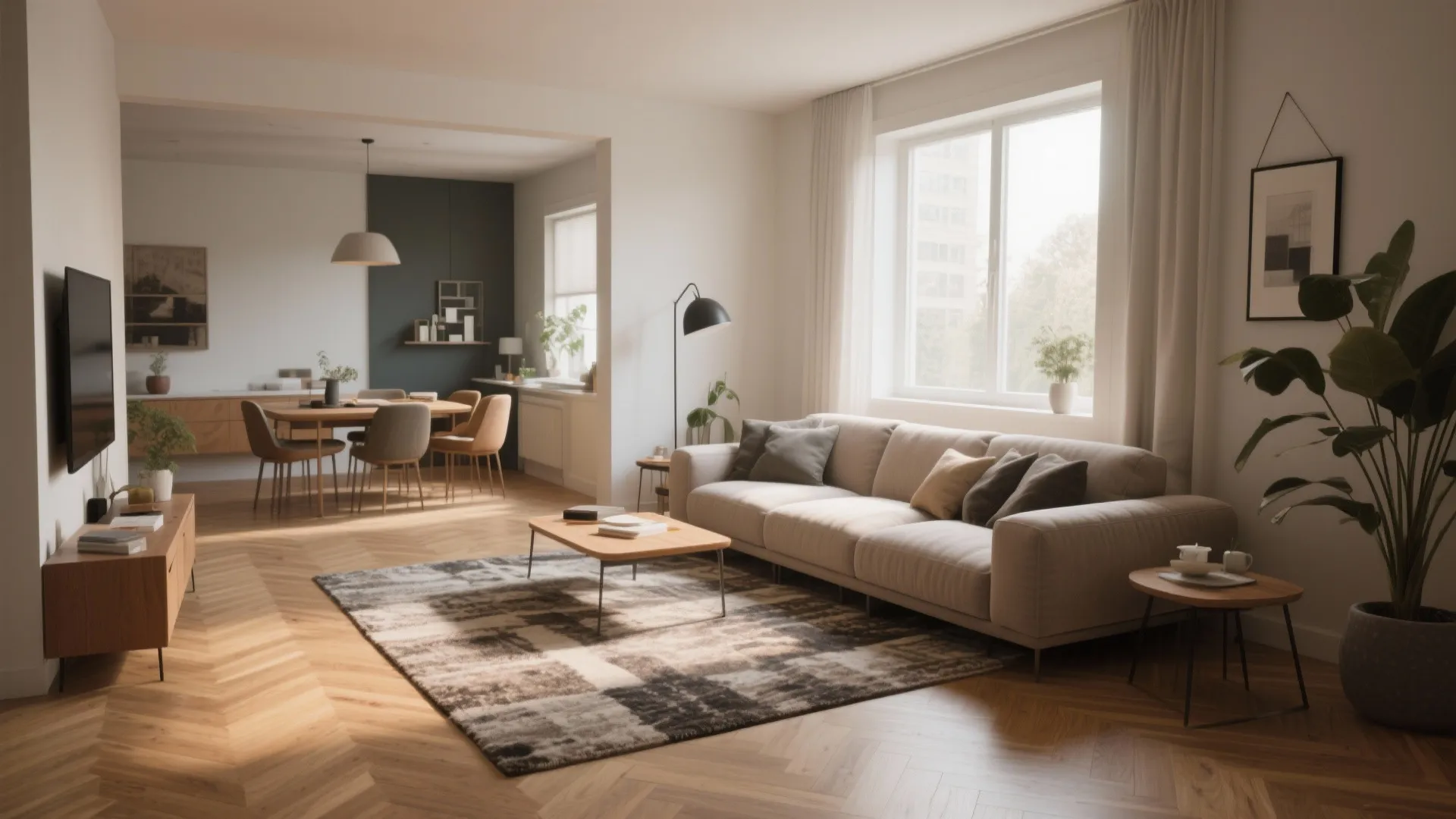 Open plan living room and dining area with beige sofa wooden floor and large window
