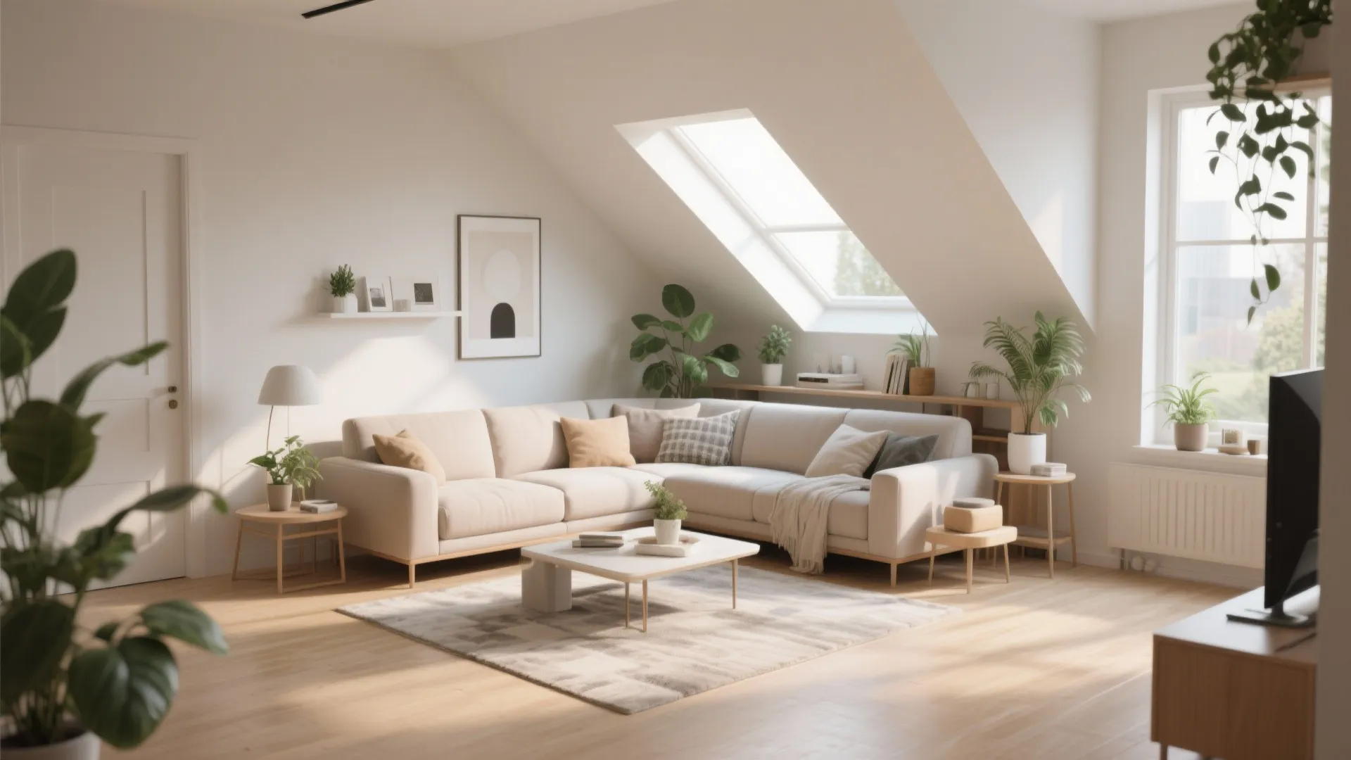 Spacious attic living room with sectional sofa white coffee table wooden floor and a roof window