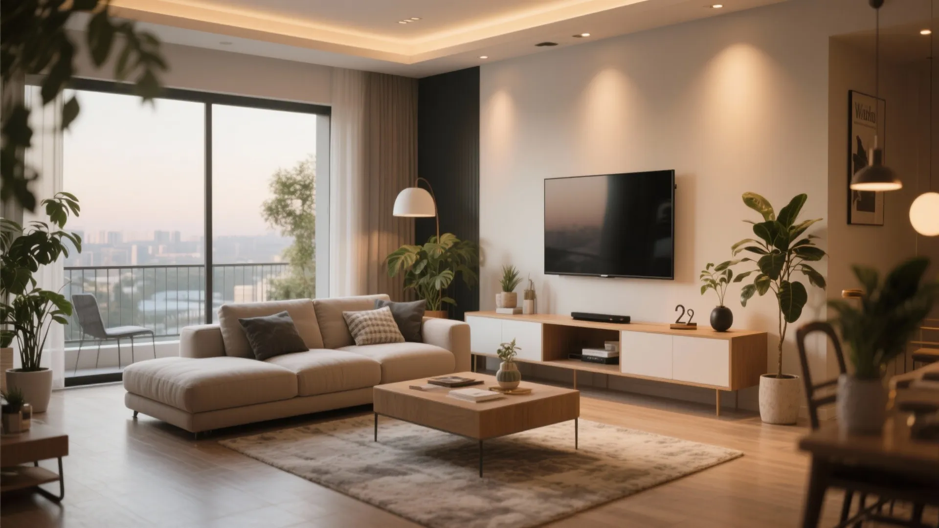 Modern living room with beige sofa wood coffee table television wall and large balcony window