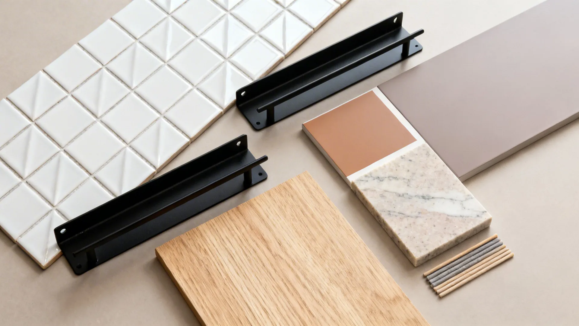 Flat lay of diamond tiles, matte black shelf metal, oak veneer, and veined quartz samples.