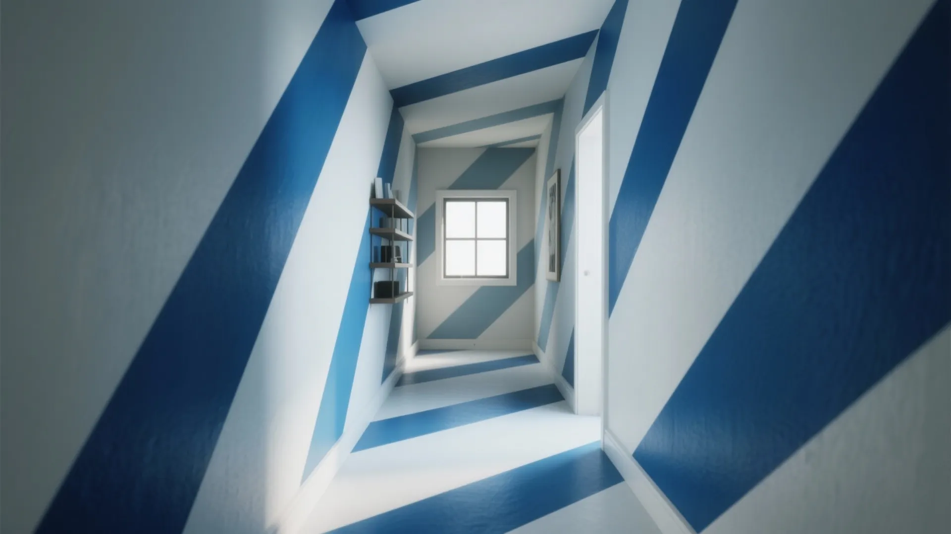 Modern narrow hallway featuring bold diagonal blue and white stripes across walls, floor, and ceiling