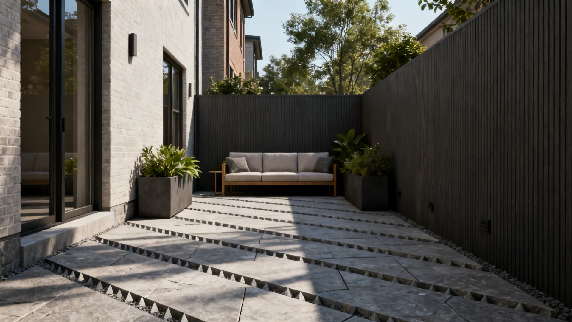 Townhouse backyard with diagonal paver layout making the narrow yard appear wider
