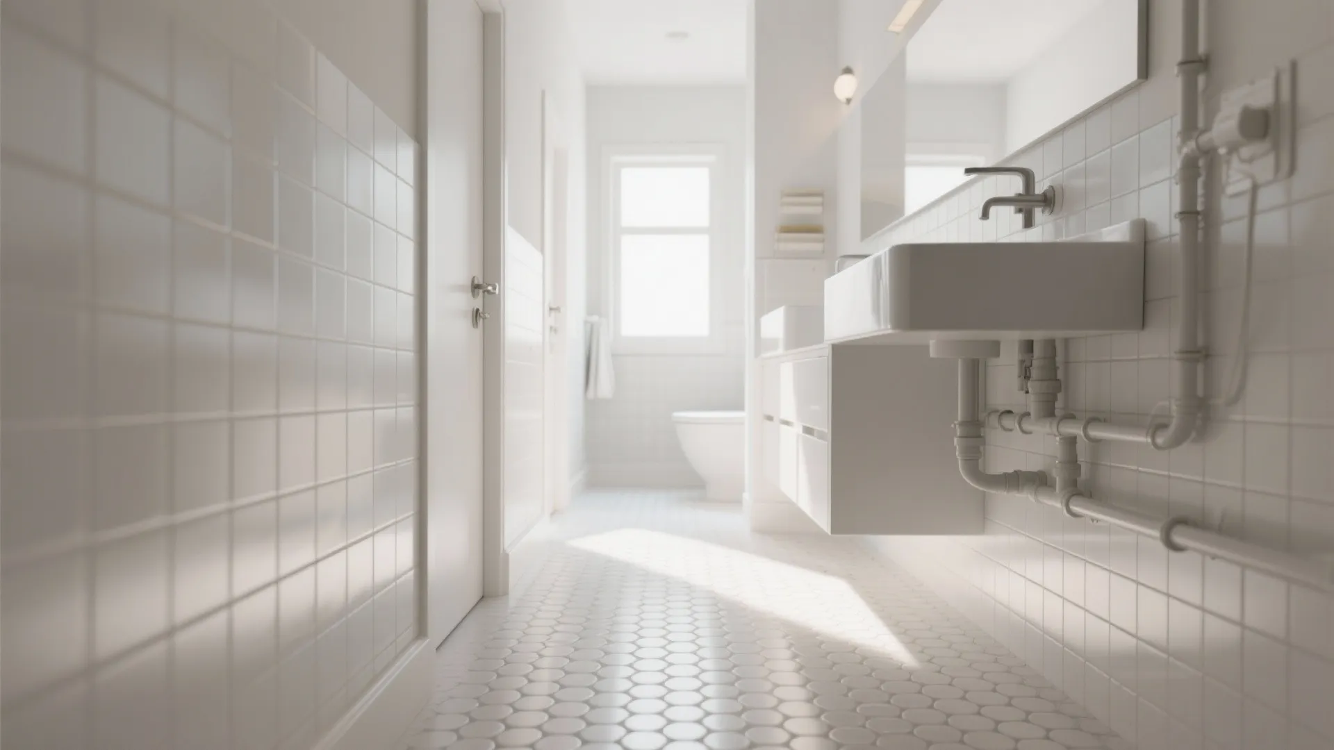 Modern white bathroom with round floor tiles white wall tiles a sink and bright sunlight