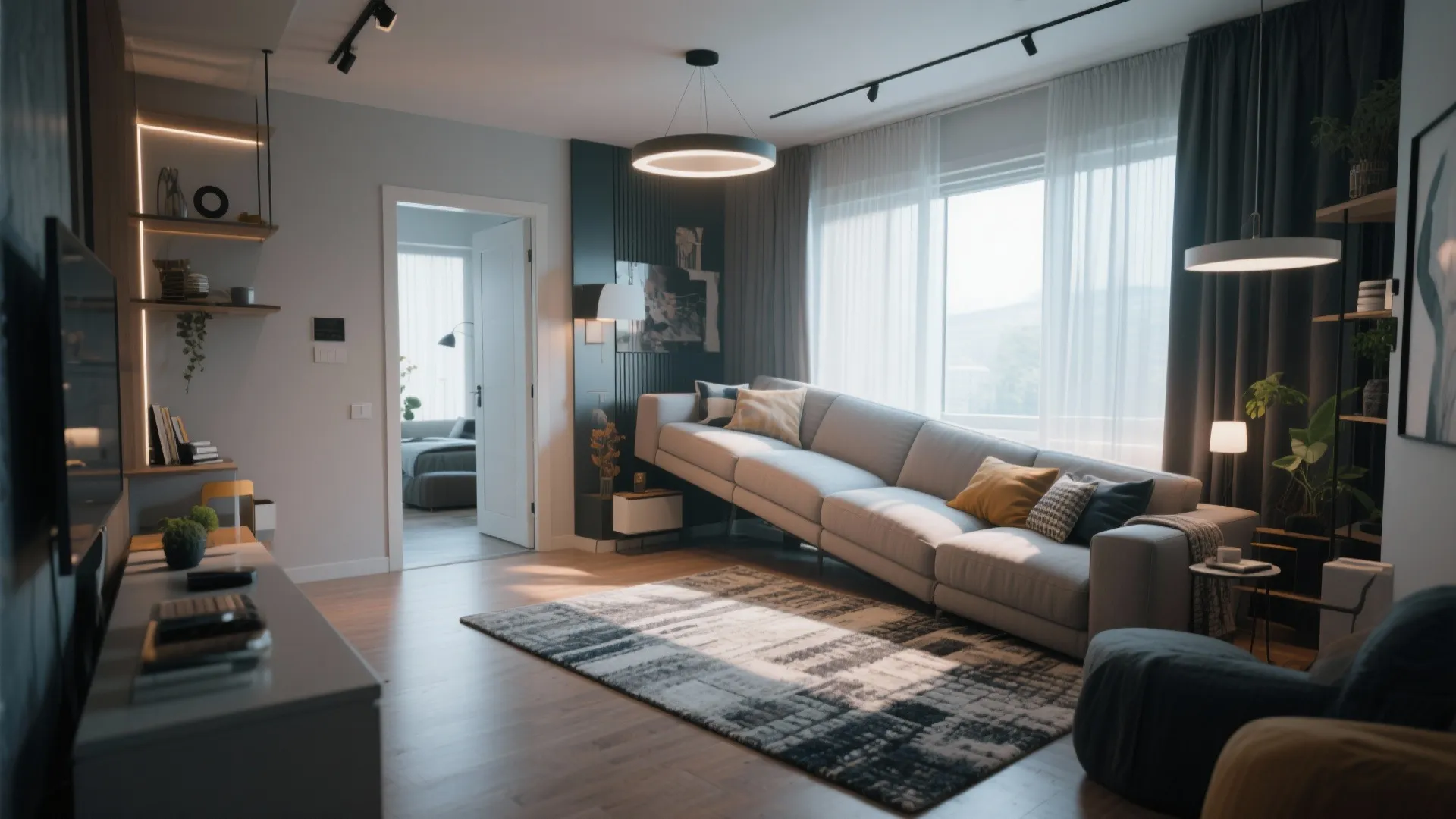 Modern apartment interior with grey sofa dark curtains ceiling light and wooden floor in sunlight
