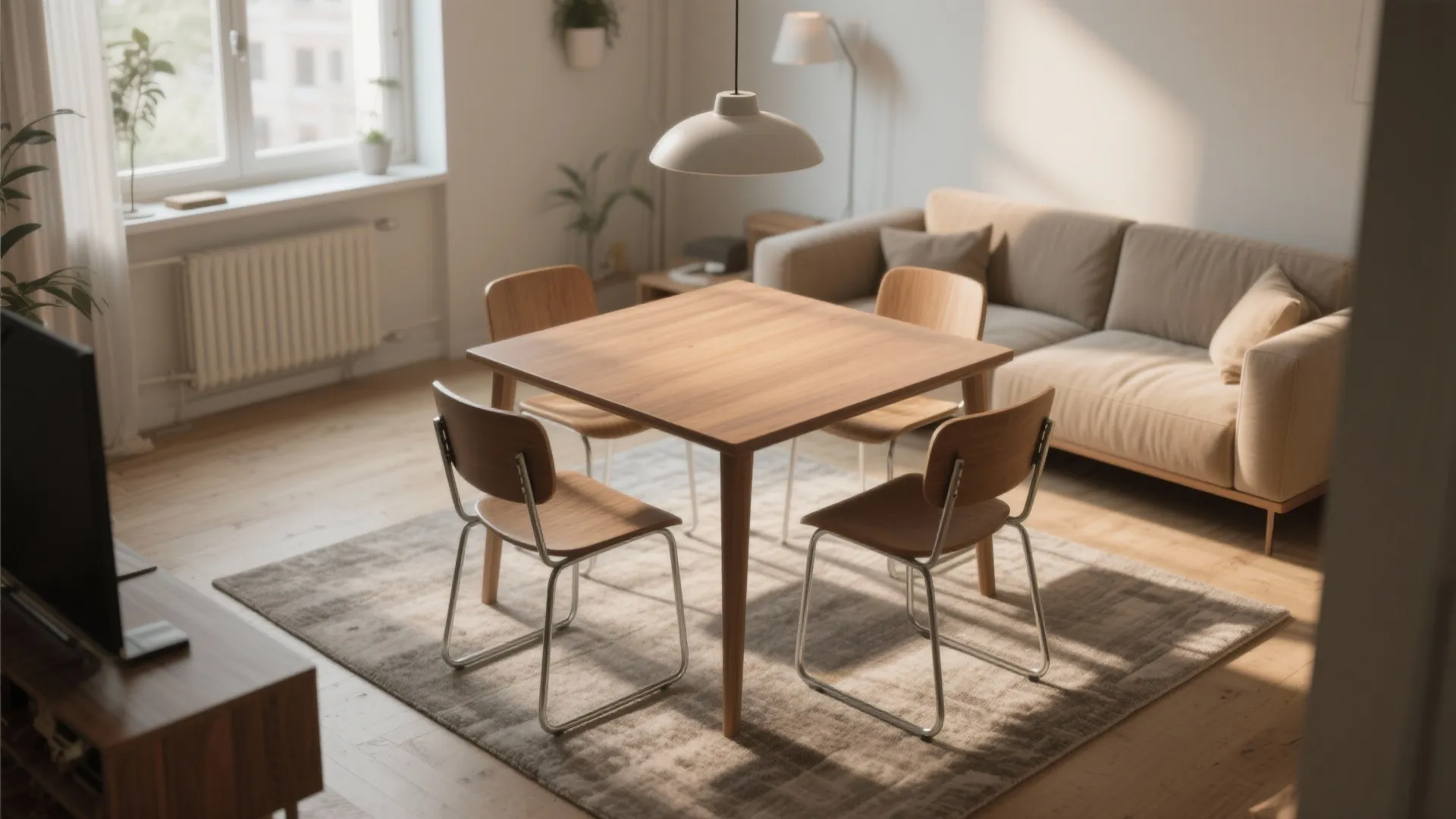 Modern dining area with a wooden table four chairs rug sofa and a white ceiling light