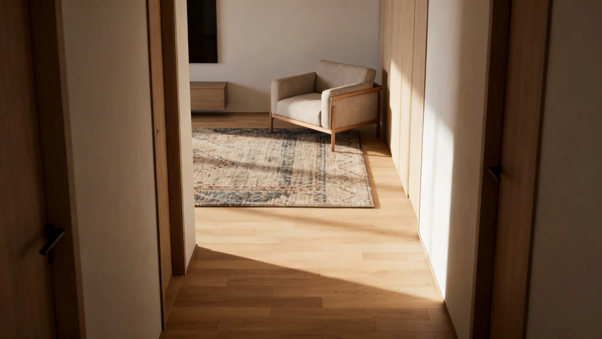 Small sofa and rug placed on a diagonal to visually expand a narrow living room