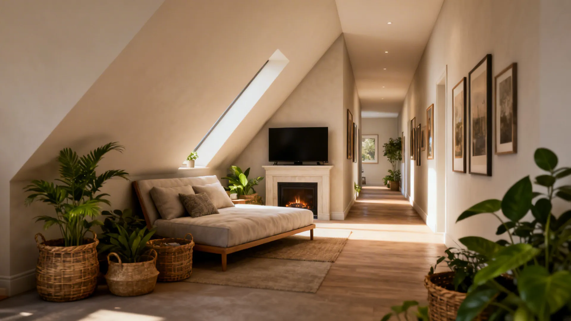 Diagonal sofa placement in a small room creating depth and a gallery-like path.