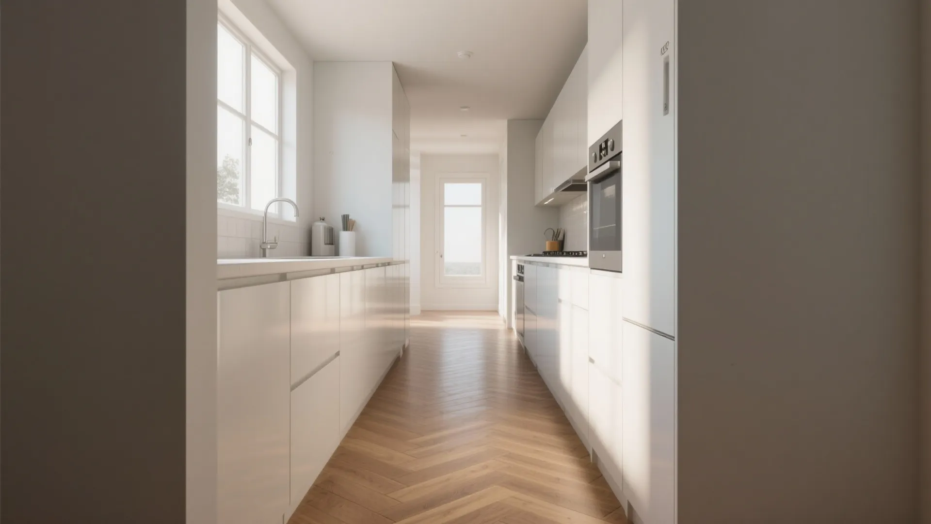 Modern white kitchen with long counters wooden floor pattern and bright natural light from window