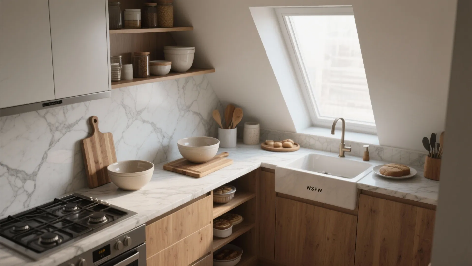 Modern kitchen with a diagonal marble countertop used as an integrated prep zone and baking area.