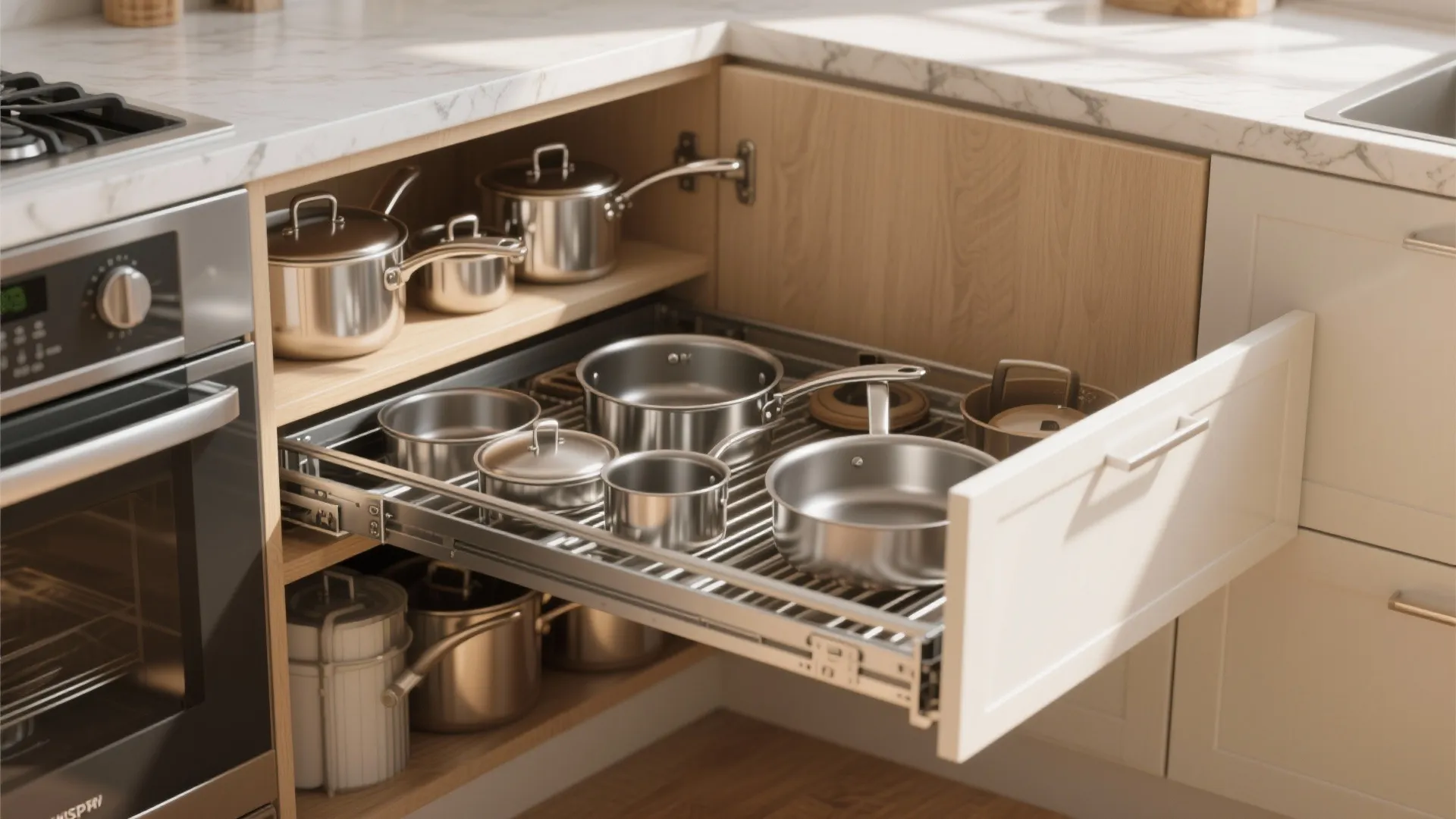 Diagonal corner cabinet with full-extension pull-out trays loaded with pots and pans.
