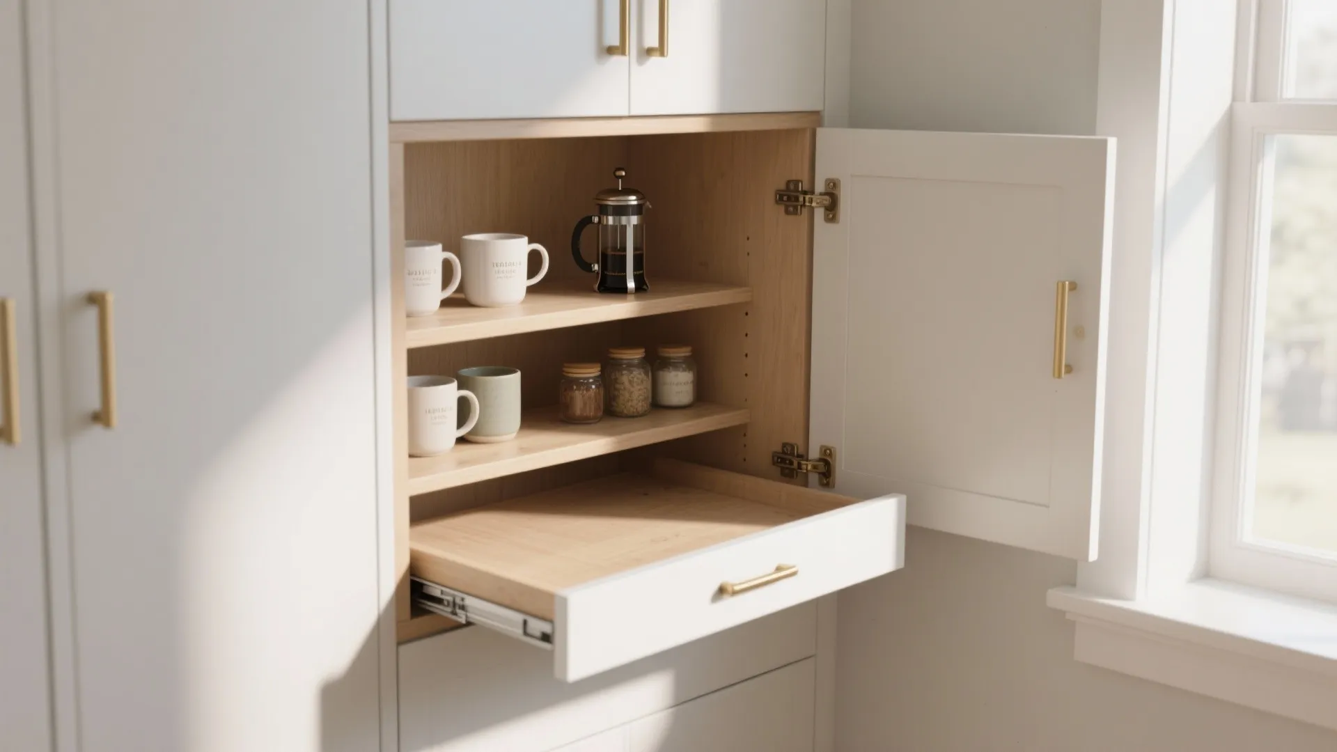 2. Diagonal door with pull-through shelves