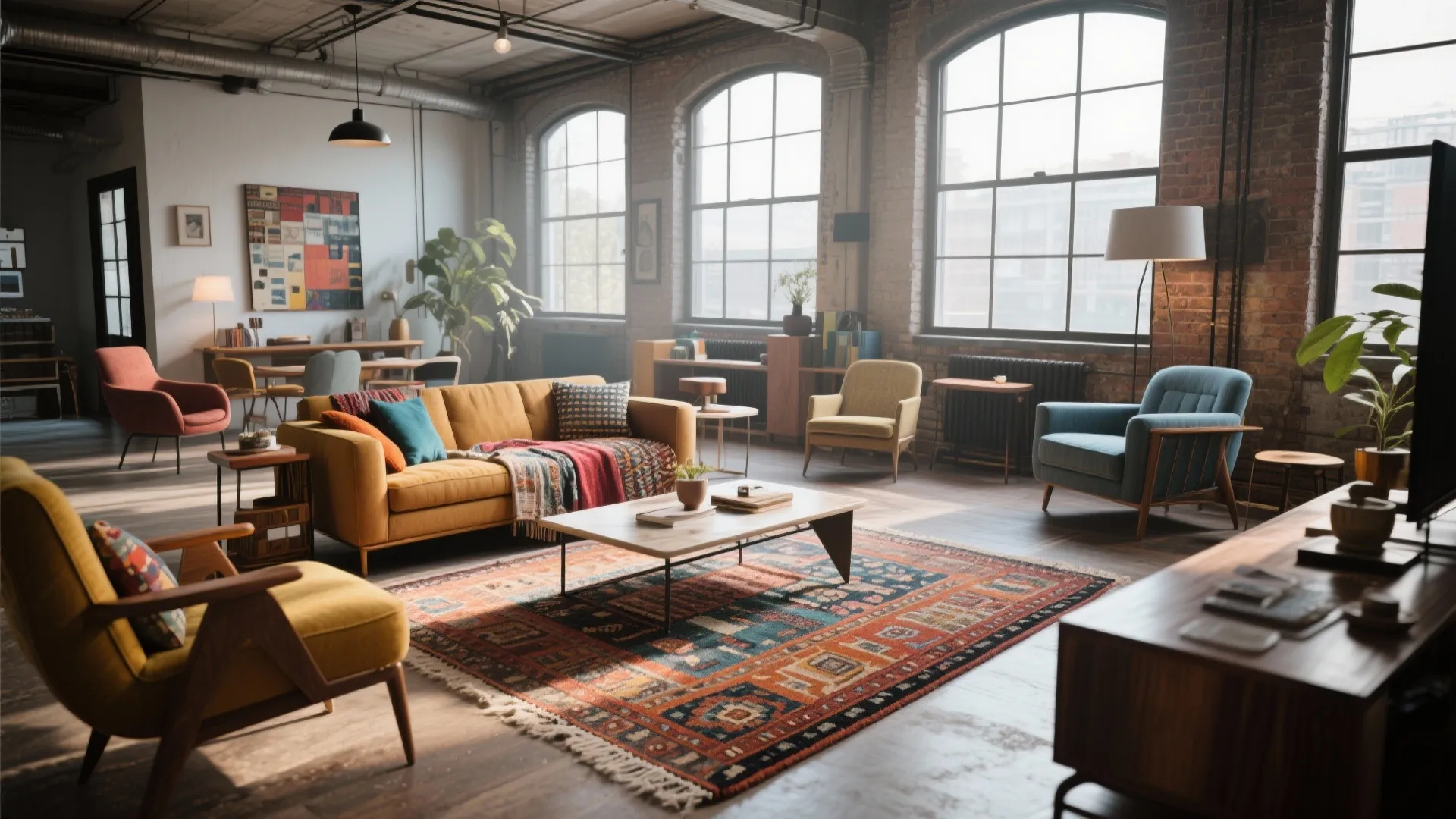 Industrial loft living room with yellow sofa colorful rug brick walls and large arched glass windows