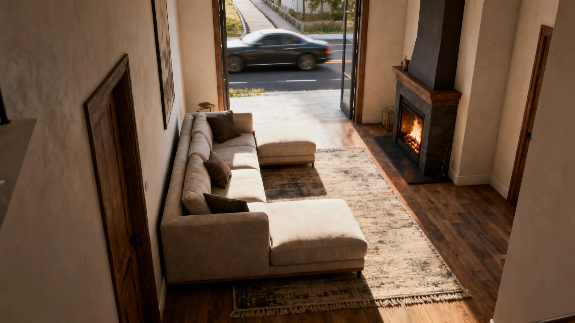 Modern living room with large beige sofa area rug burning fireplace and open glass doors