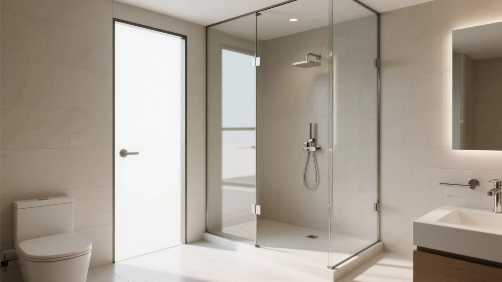 Square bathroom with diagonal shower entry and clear low-iron glass for an open feel.