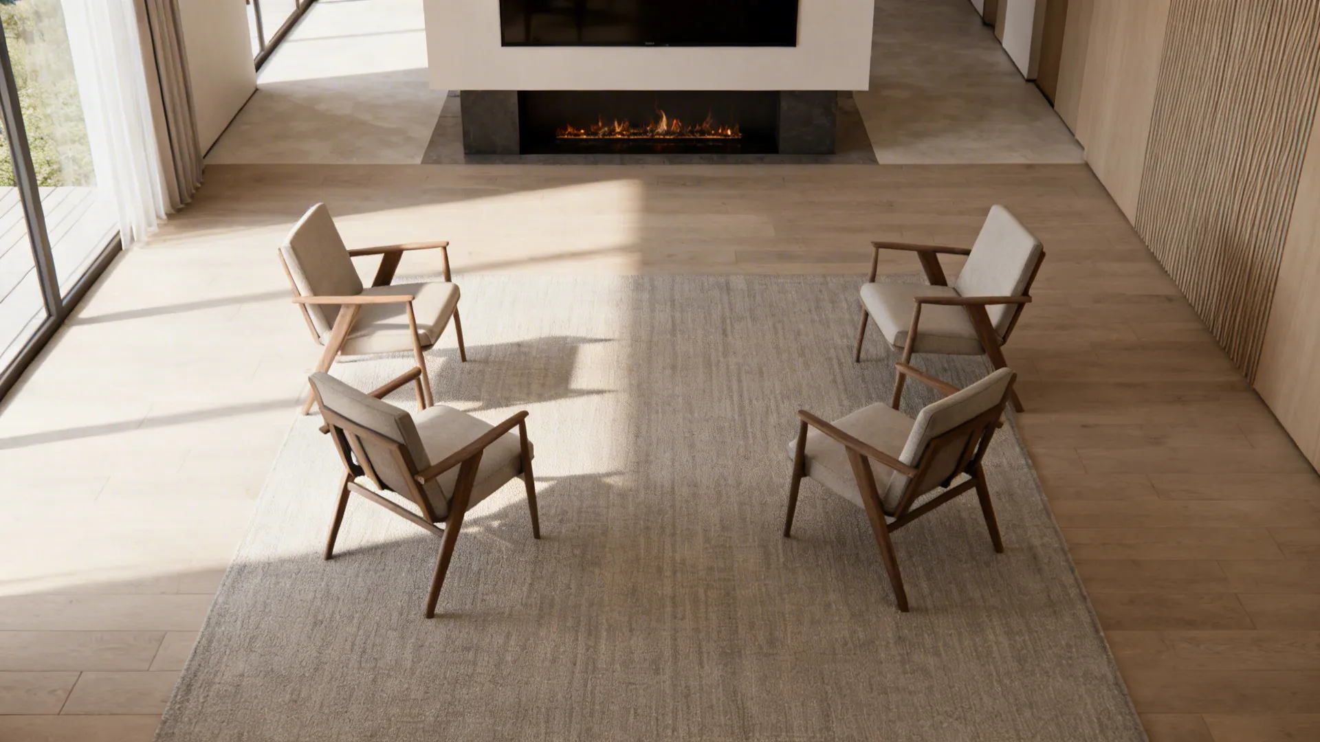 Modern living room featuring four wooden armchairs on a large grey rug with warm fireplace