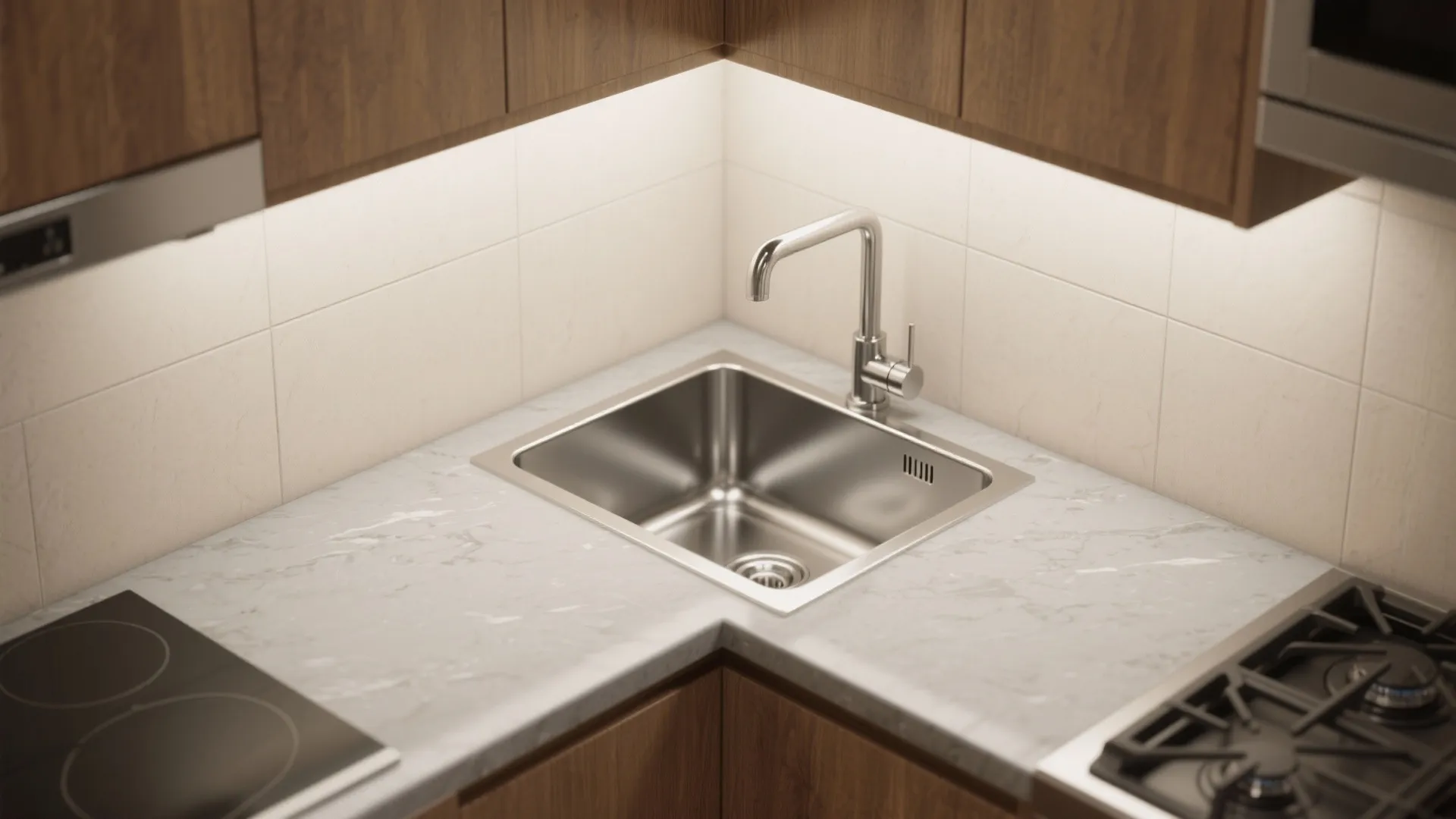 1. Diagonal (45°) Sink — Give yourself elbow room