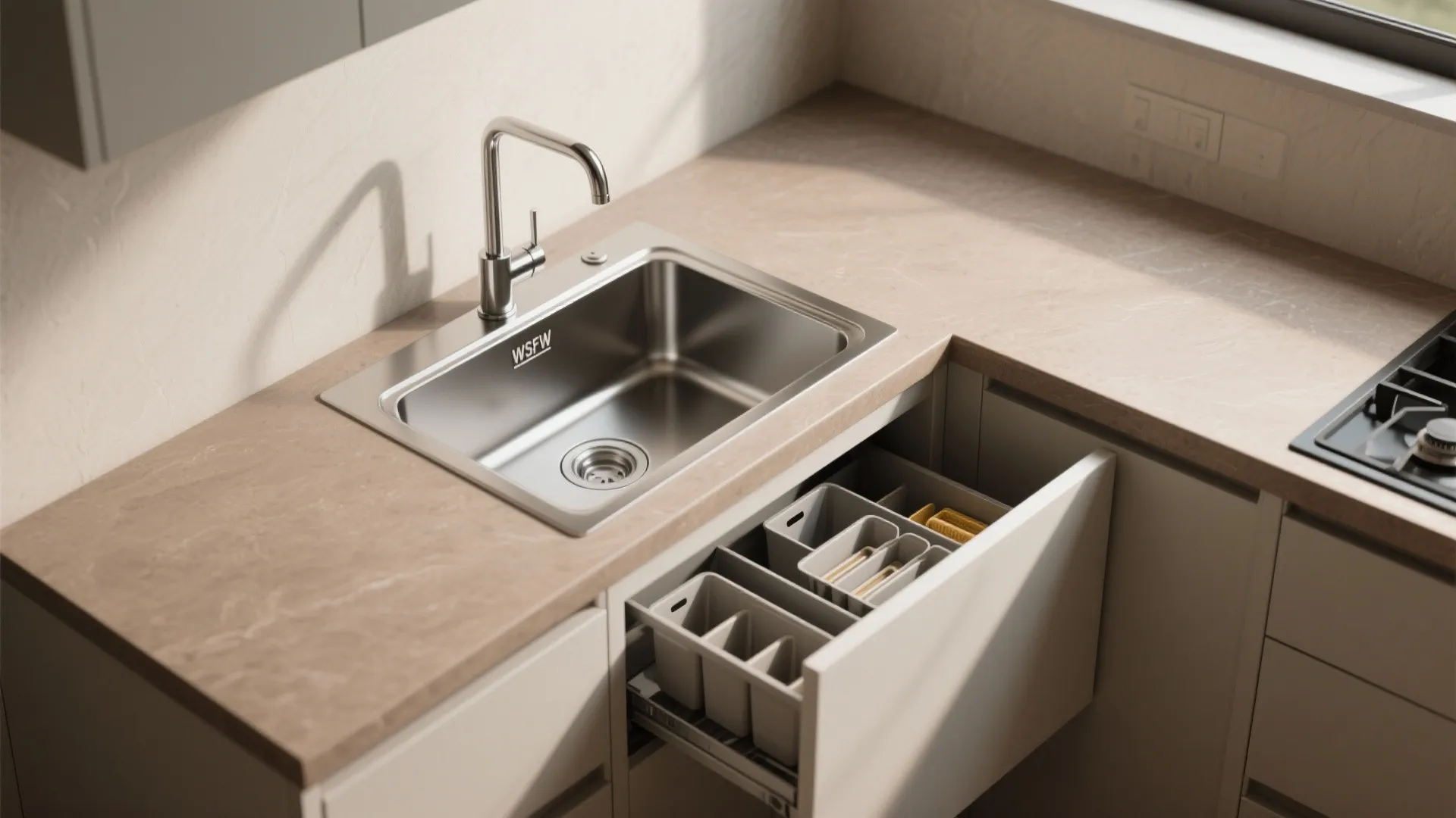 3. Diagonal Sink with Pull-Out Storage