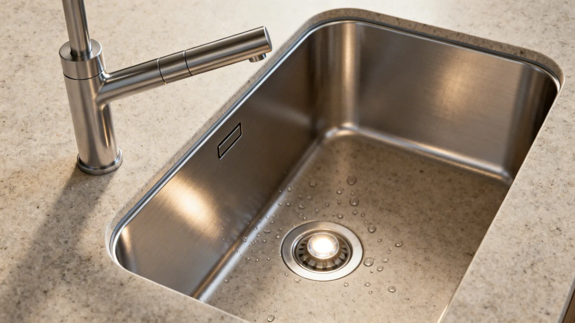 Close up of single stainless steel kitchen sink with silver faucet on beige stone countertop design