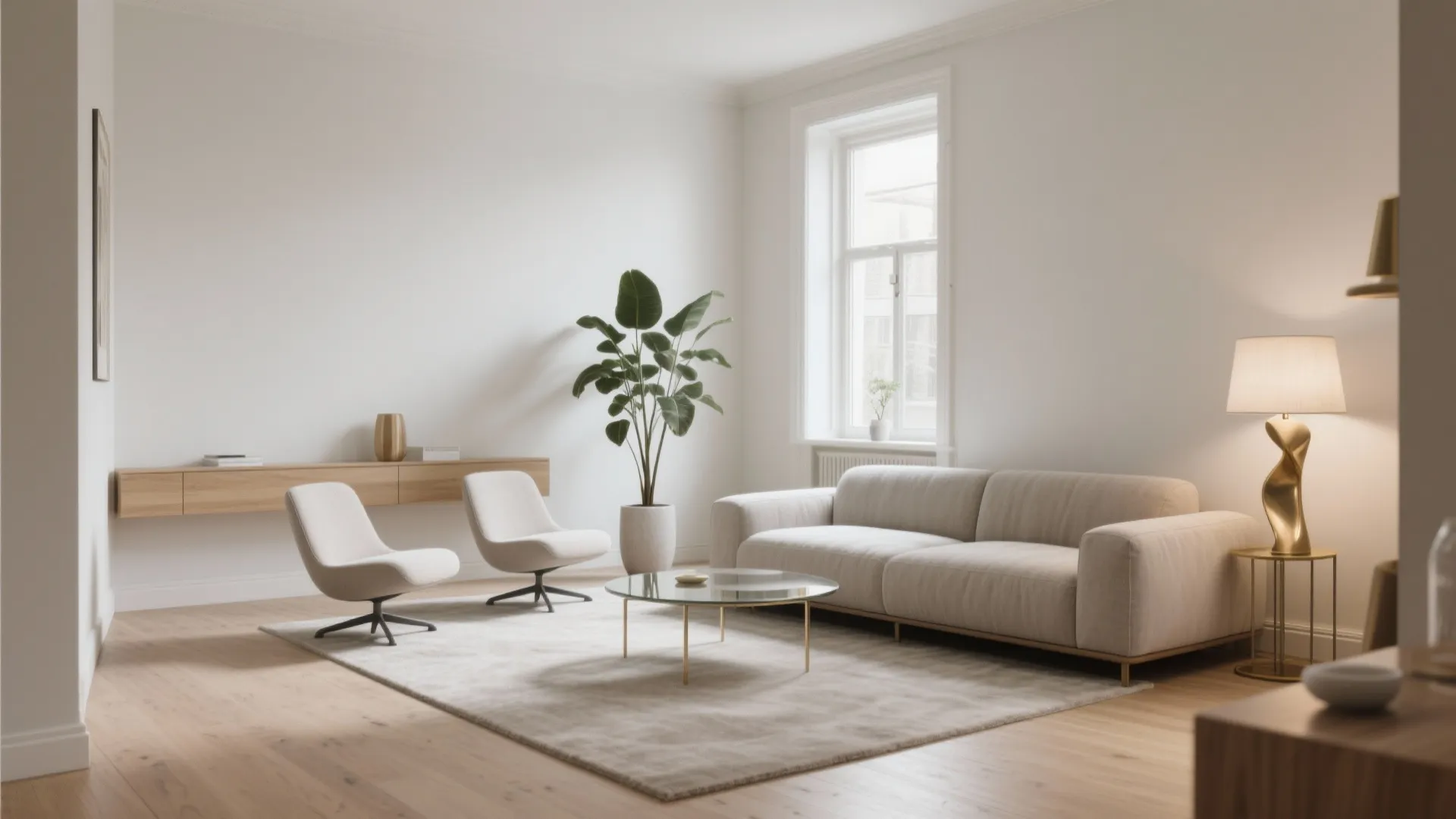 Minimalist living room with beige sofa white chairs glass coffee table and a large green plant