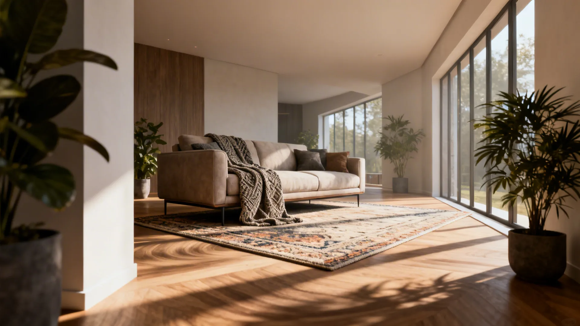 Sofa positioned on a diagonal in a small living room to improve flow and create drama.