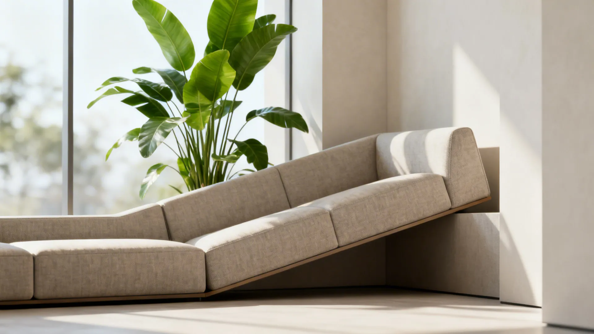 Modern beige sofa angled against a white wall next to a large green indoor plant