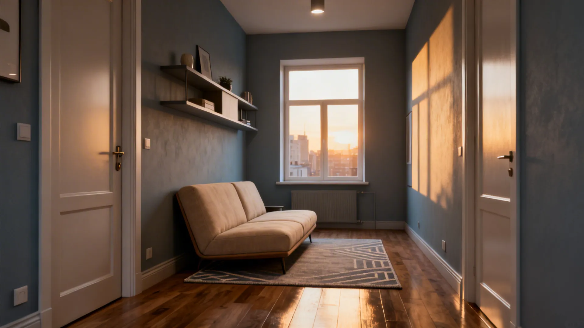 Narrow flat with a small sofa placed diagonally to widen the circulation path from the front door.