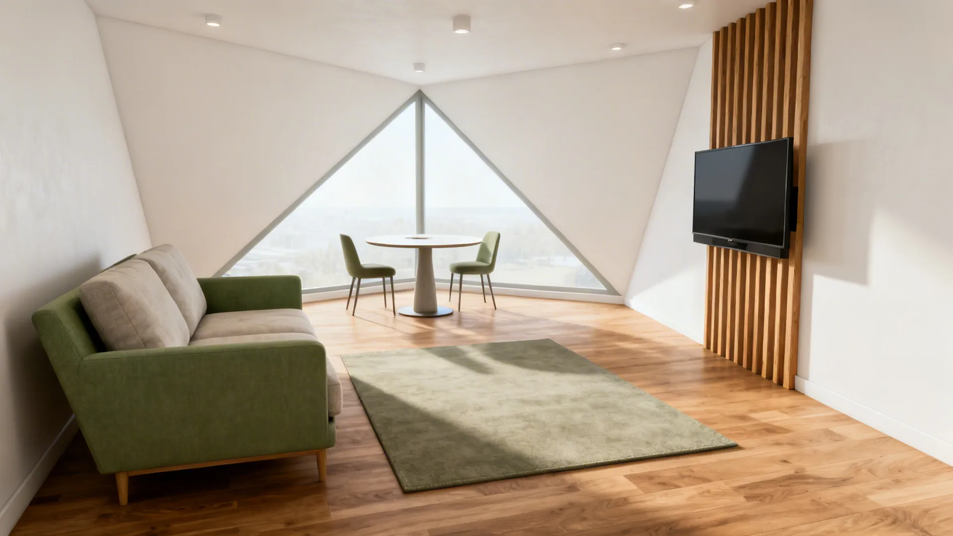 Living room interior design drawing showing green sofa and television mounted on wood wall panel