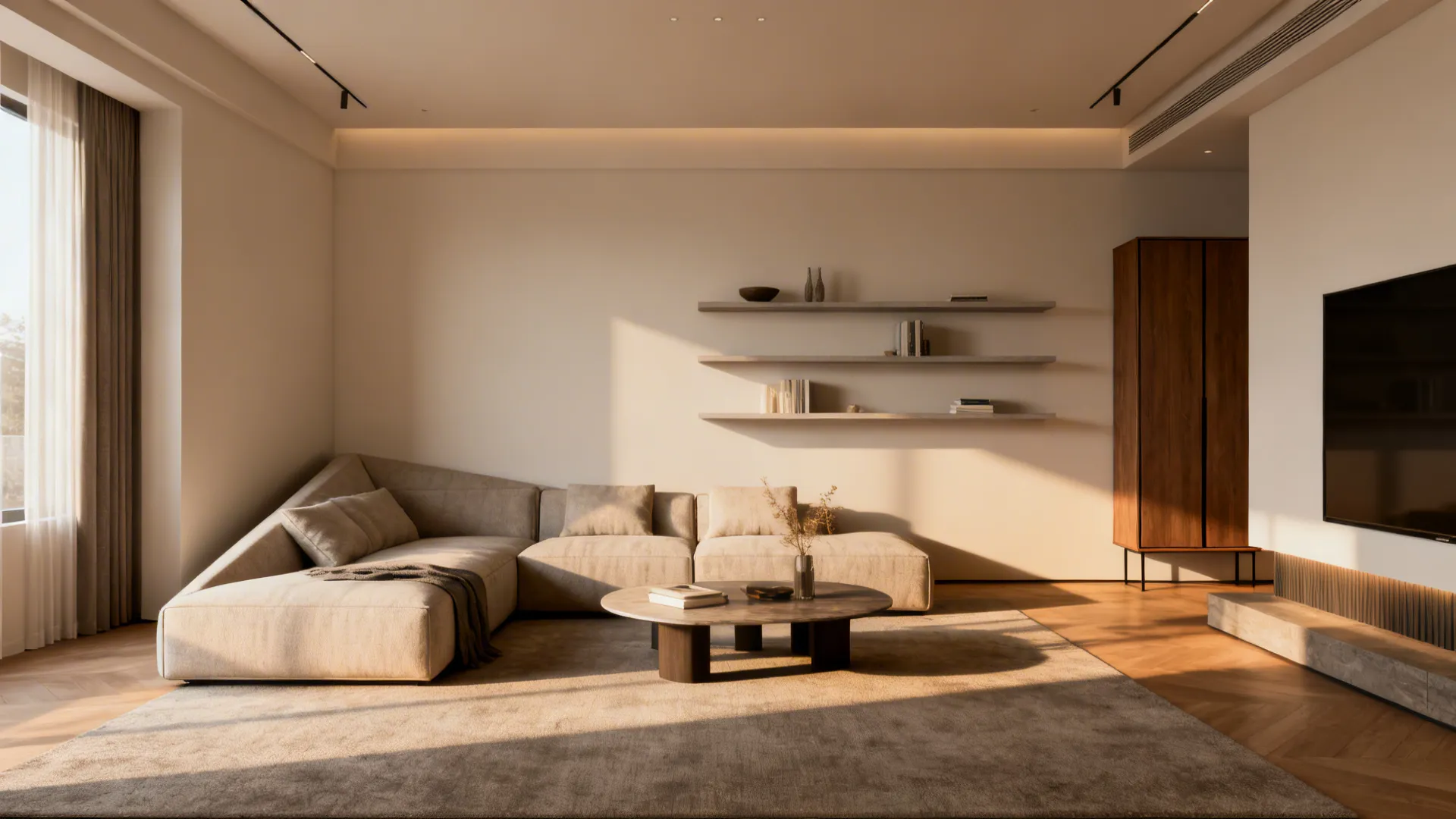 Sofa placed diagonally in a rectangular room with floating shelves to add depth