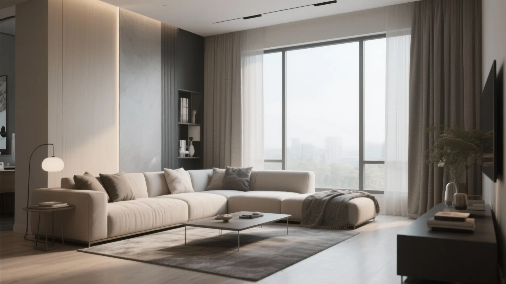 Modern living room with cream sectional sofa grey rug coffee table floor lamp and windows