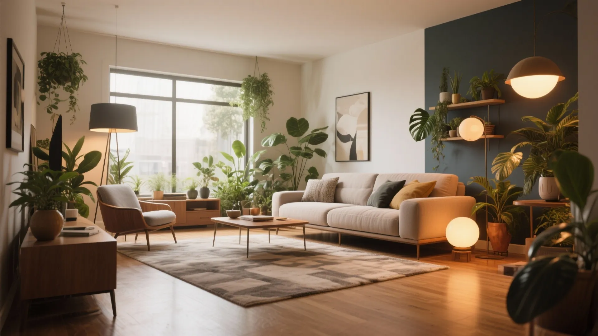 Cozy living room with many green plants white sofa wooden floor floor lamp and wall light